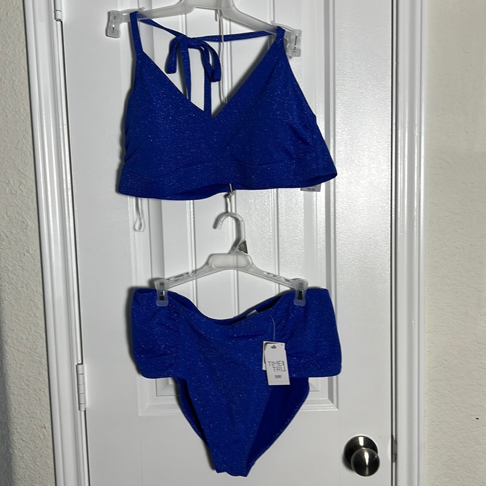 Time and Tru 2pc Halter Plus Bralette Top/Ruched Bikini Bottom Set NWT